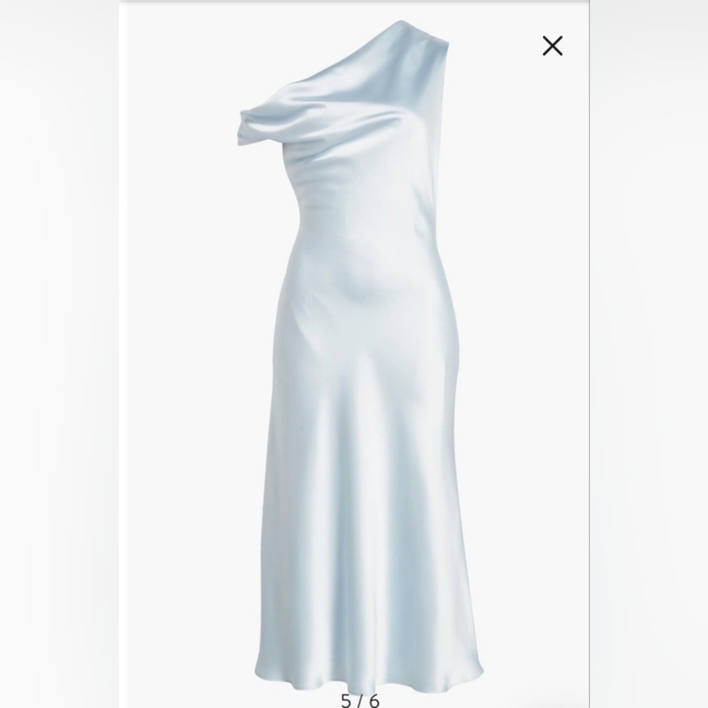 BHLDN Amsale One-Shoulder Satin Midi Dress Ice Blue Gown Size 4 NWOT - Picture 3 of 13